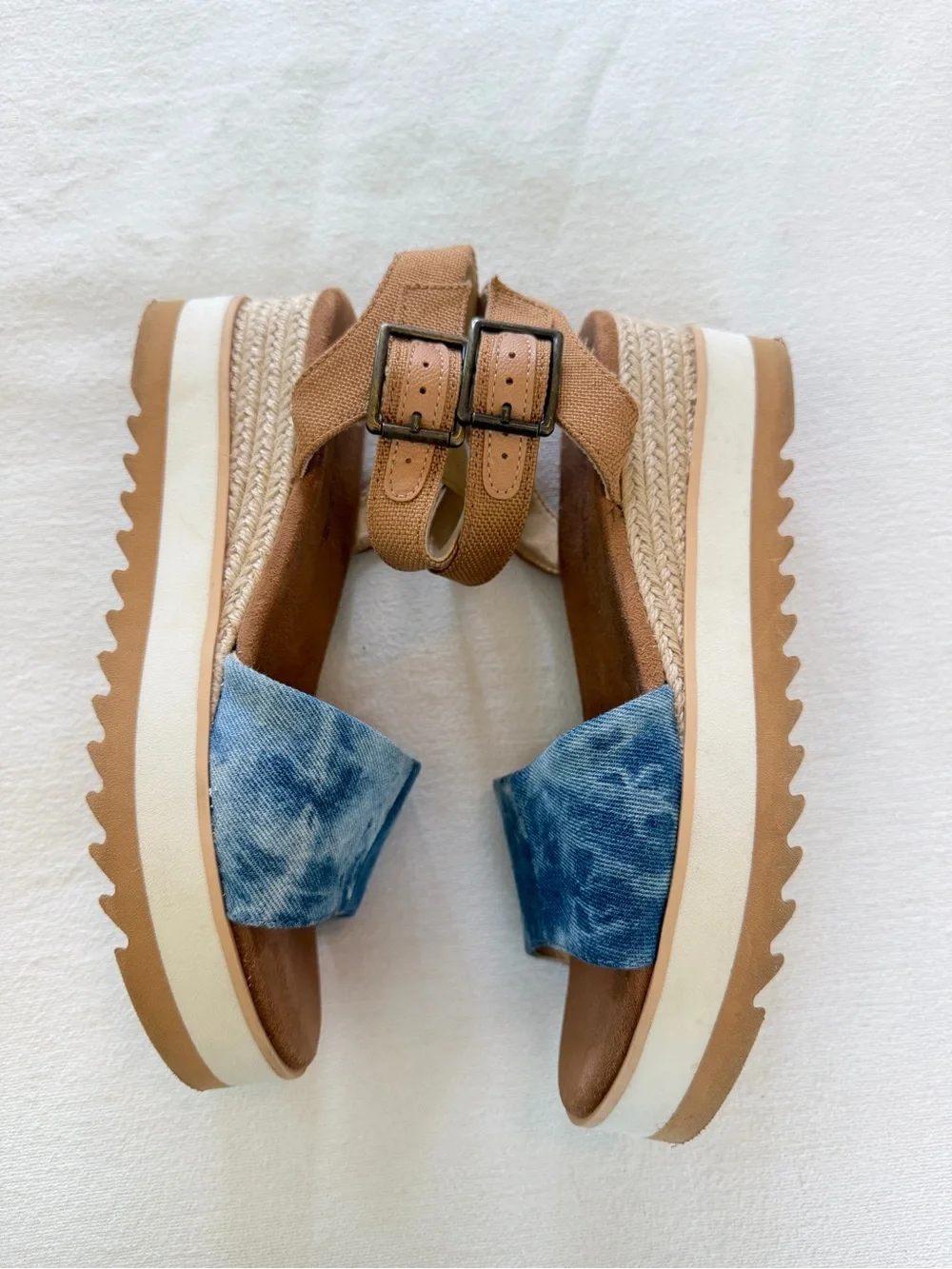 TOMS Diana Platform Wedge Sandals 7.5 Blue Washed Denim Espadrille Boho